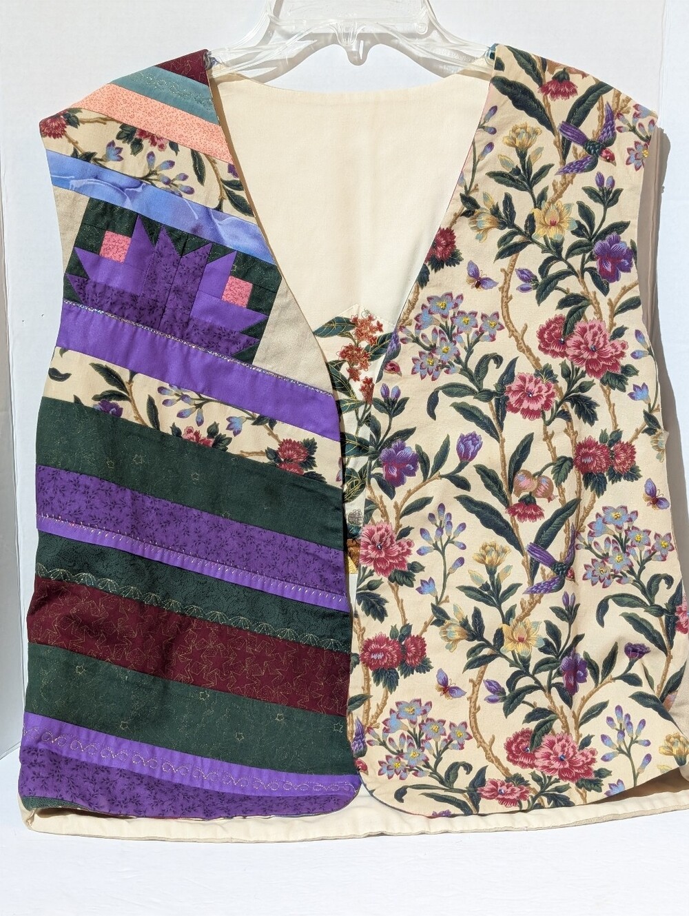 Handmade Vintage Quilt-Panel Floral Vest, Reversible- Med